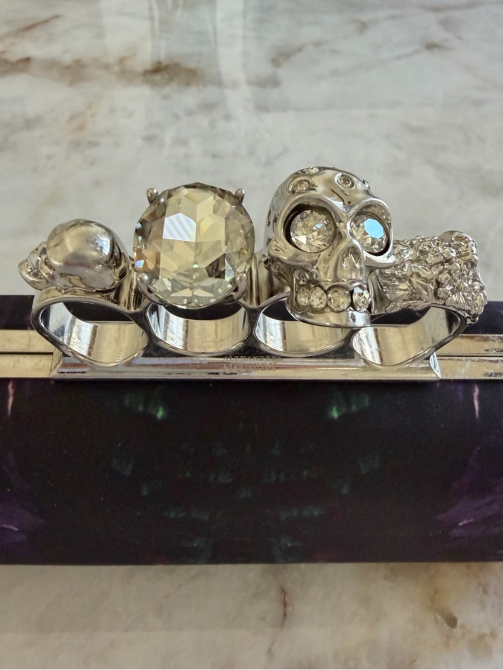 Alexander McQueen Silver Crystal Skull Four-Finger Ring Knuckle Satin Clutch - Picture 3 of 16